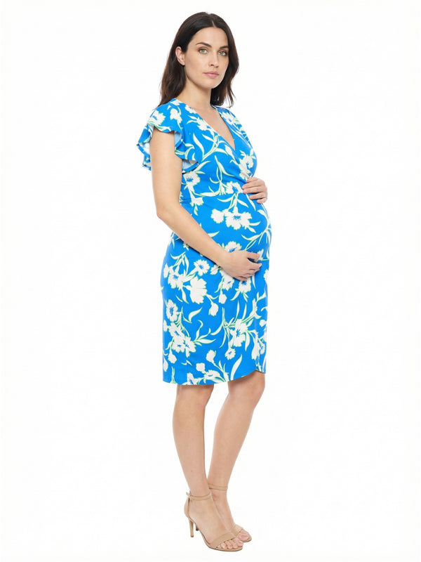 Elevate Maternity Floral Flutter Sleeve Wrap Knee Length Dress