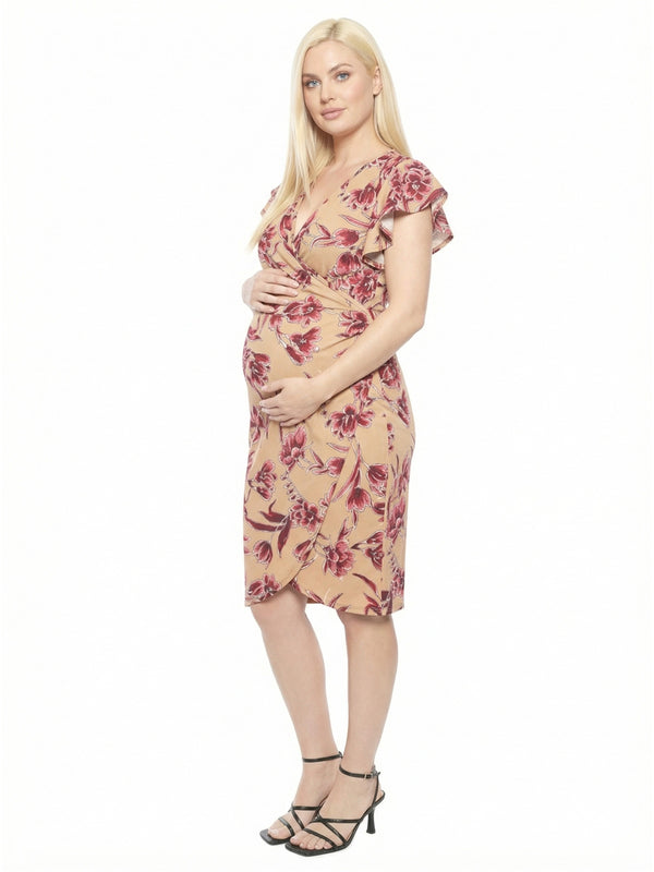 Elevate Maternity Floral Flutter Sleeve Wrap Knee Length Dress