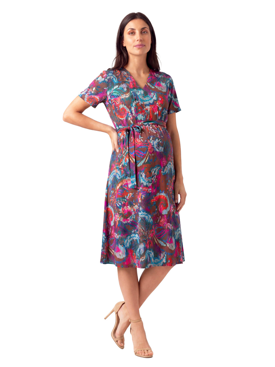 Essential Maternity Abstract Short Sleeve Tie Waist Midi Dress