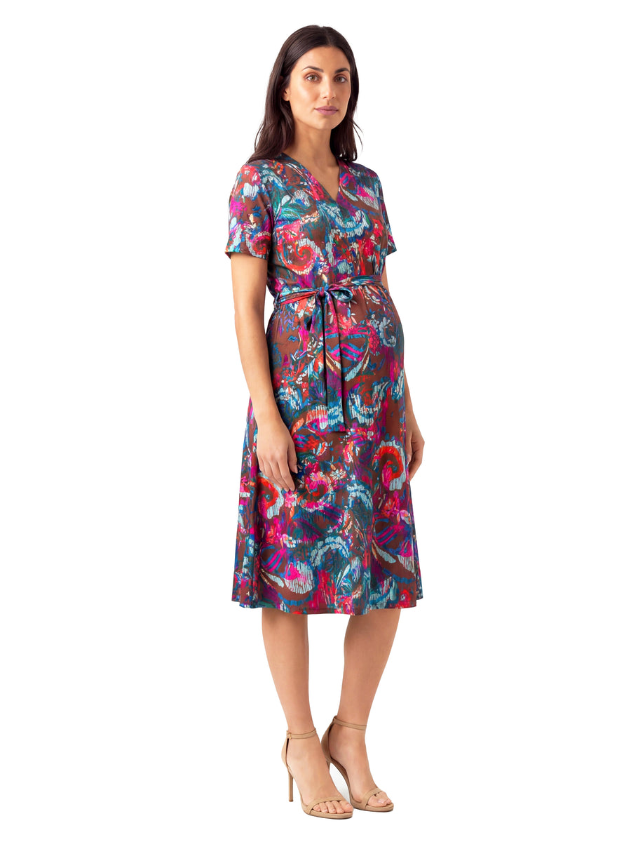 Essential Maternity Abstract Short Sleeve Tie Waist Midi Dress