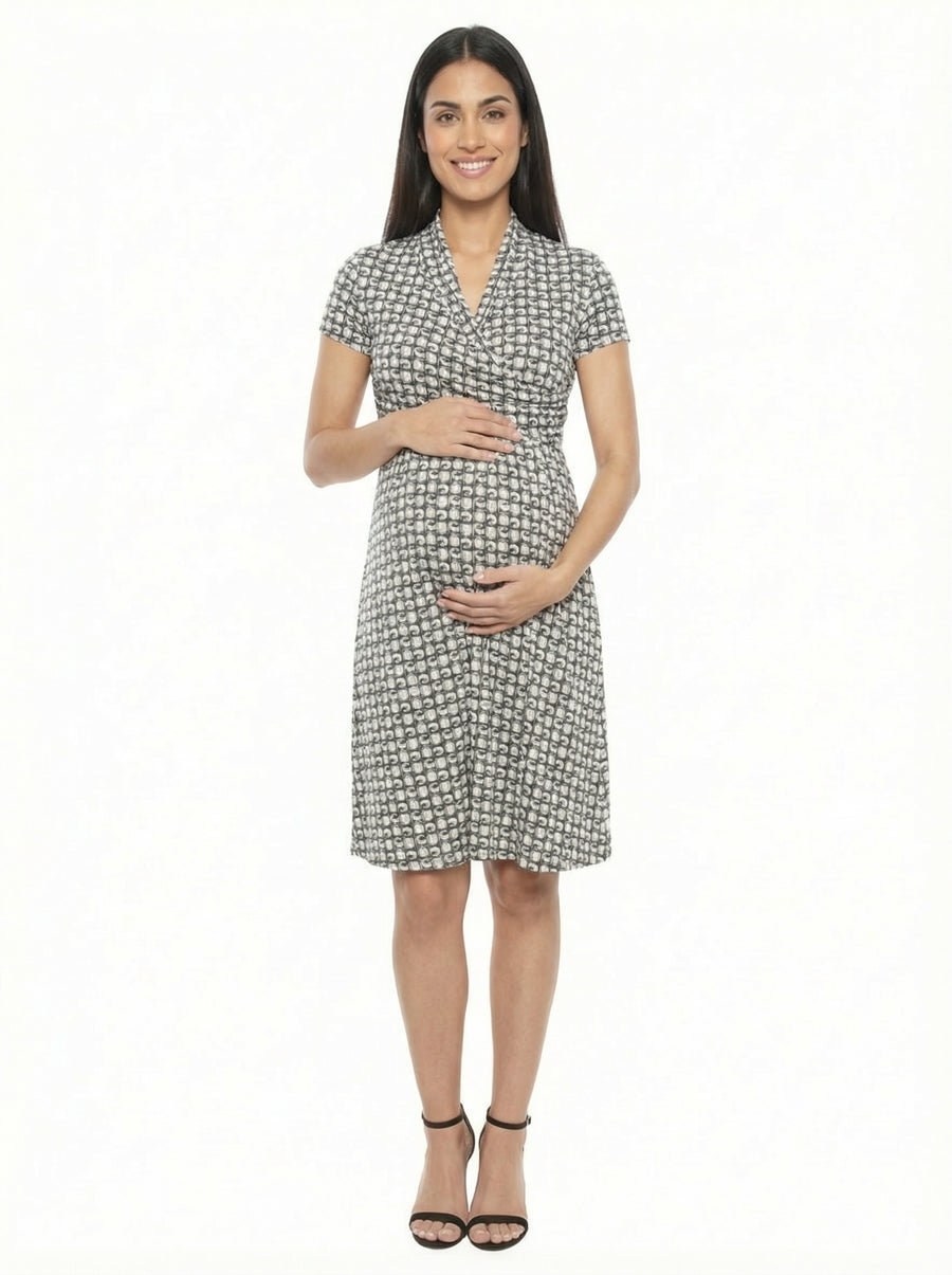 Essential Maternity Geometric Short Sleeve Faux Wrap A Line Dress