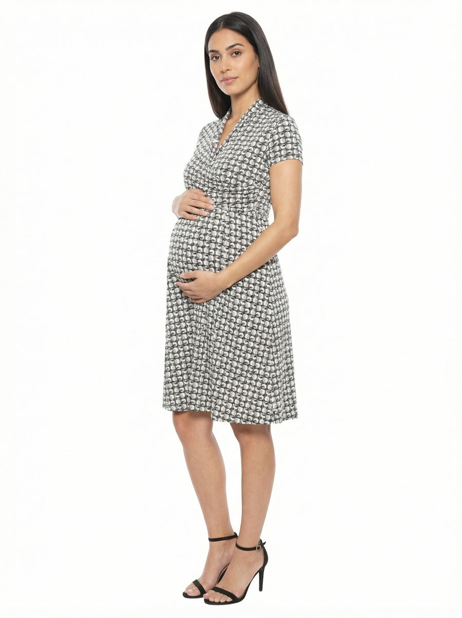 Essential Maternity Geometric Short Sleeve Faux Wrap A Line Dress