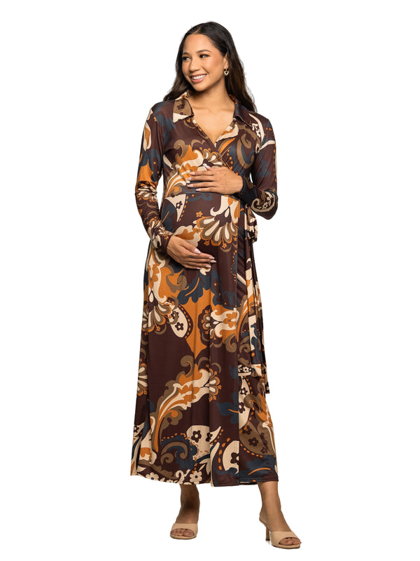 Elevate Maternity Paisley V Neck Empire Waist Slit Wrap Maxi Dress