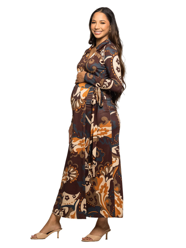 Elevate Maternity Paisley V Neck Empire Waist Slit Wrap Maxi Dress
