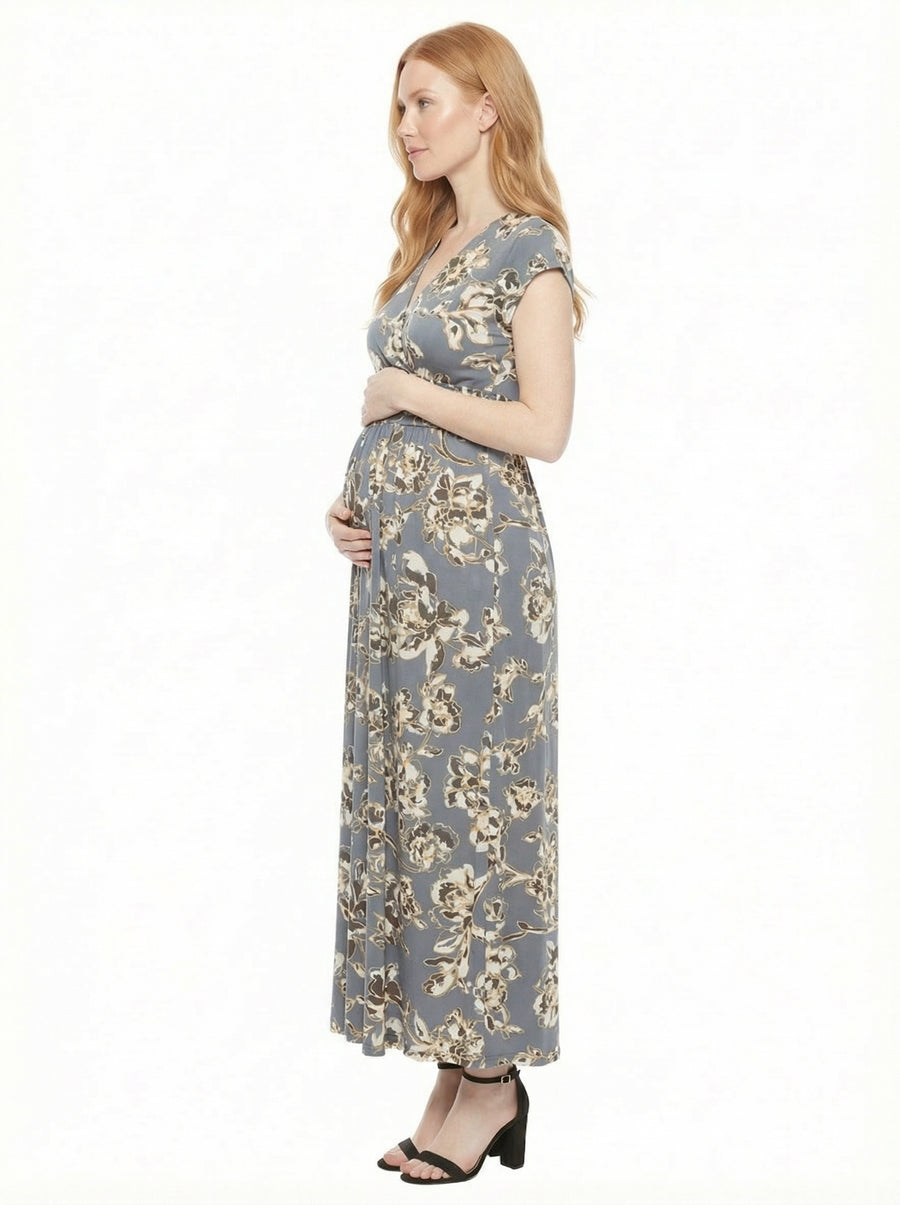Essential Maternity Floral V Neck Cap Sleeve Slit Pocket Maxi Dress
