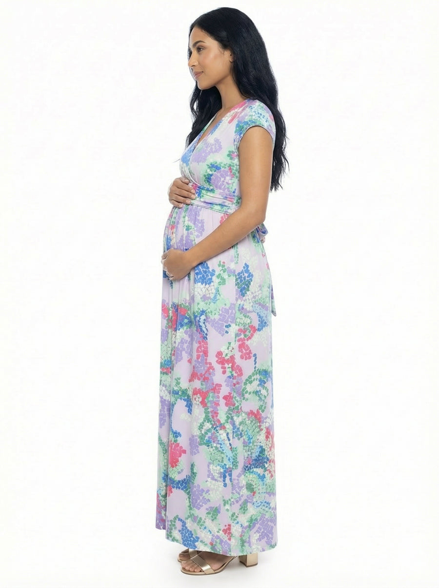Essential Maternity Abstract V Neck Slit Pocket A Line Maxi Dress