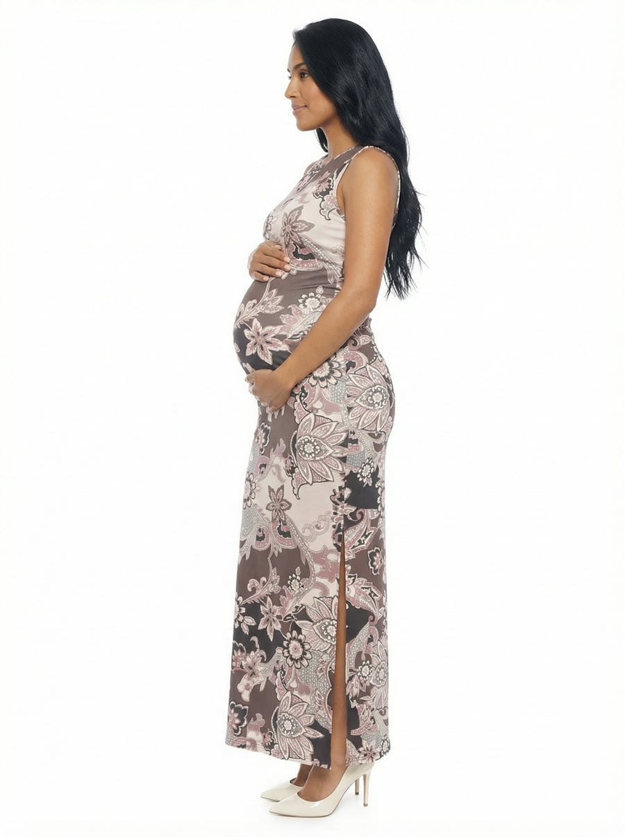 Essential Maternity Paisley Sleeveless Slit Bodycon A Line Maxi Dress