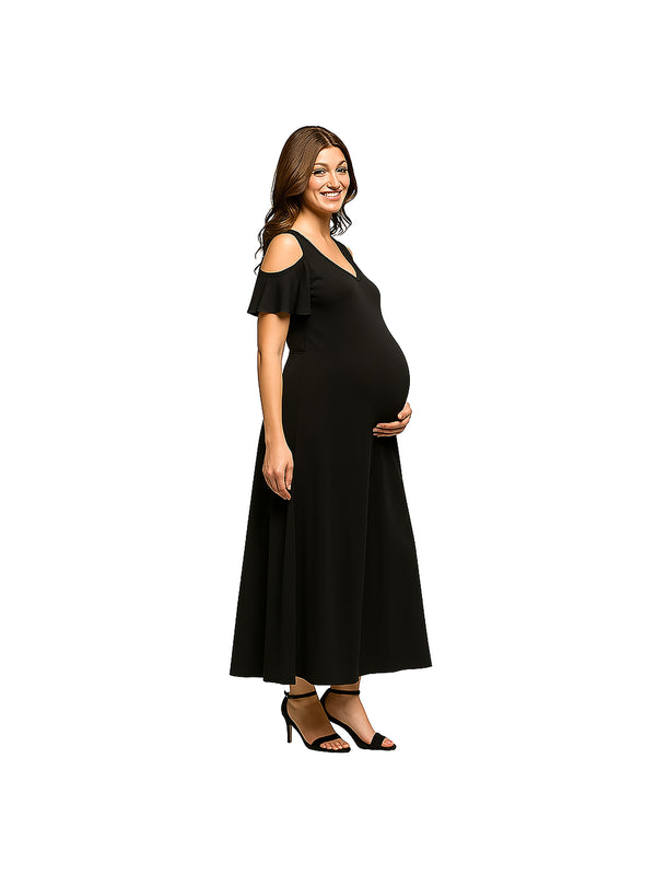Elevate Maternity Scoop Neck Ruffle Sleeve A Line Maxi Dress