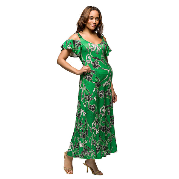 Elevate Maternity Floral Scoop Neck Ruffle Sleeve A Line Maxi Dress