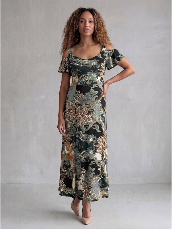 Elevate Maternity Paisley Print Soft V Neck Cold Sholder Ruffle Sleeve A Line Maxi Dress