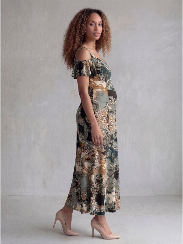 Elevate Maternity Paisley Print Soft V Neck Cold Sholder Ruffle Sleeve A Line Maxi Dress