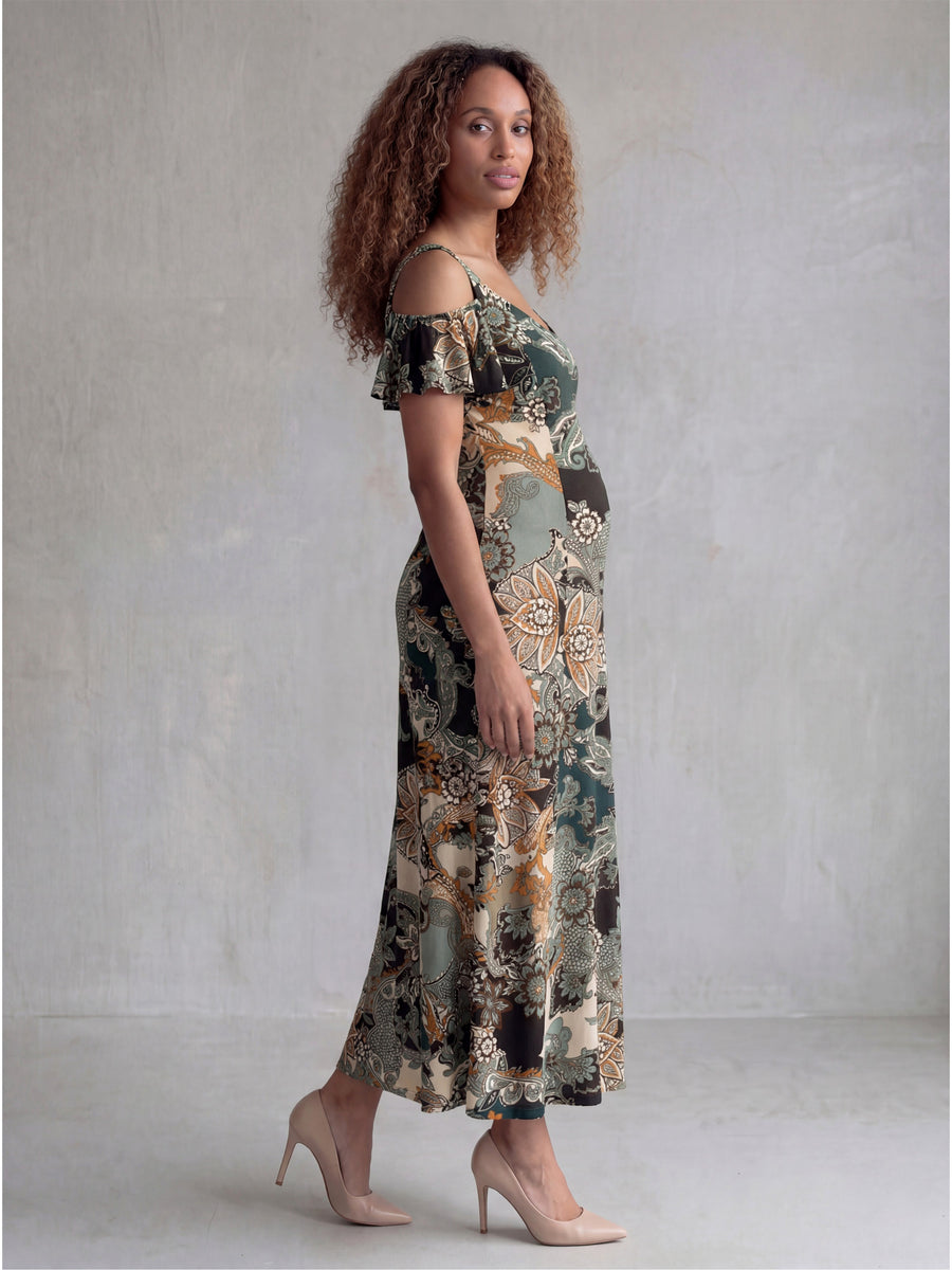 Elevate Maternity Paisley Print Soft V Neck Cold Sholder Ruffle Sleeve A Line Maxi Dress