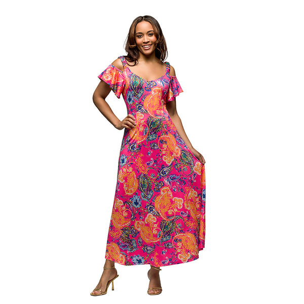 Elevate Maternity Paisley Cold Sholder Ruffle Sleeve A Line Maxi Dress
