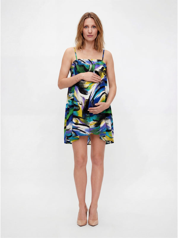 Essential Maternity Abstract Print Spaghetti Strap Smocked A Line Pocket Mini Dress
