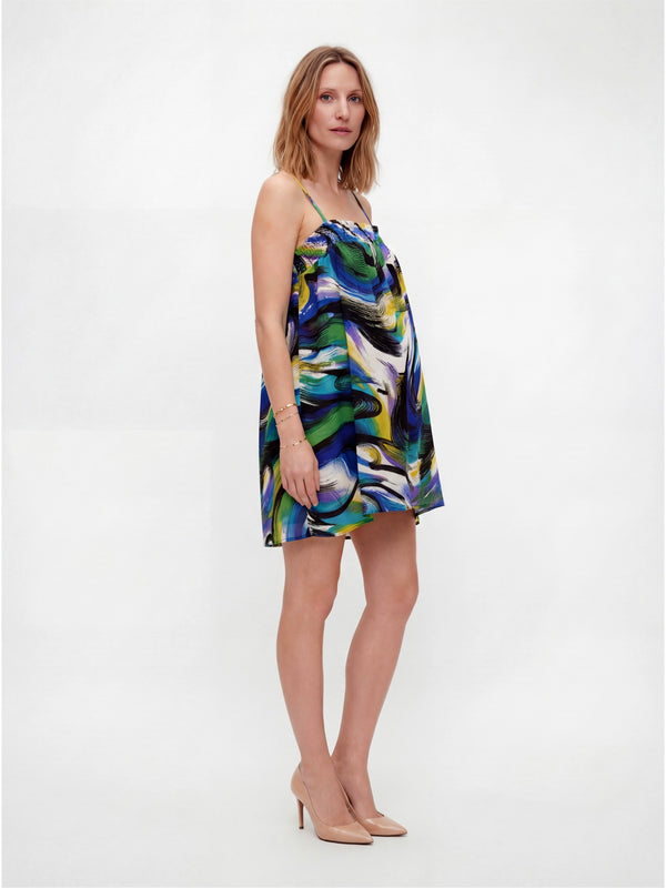 Essential Maternity Abstract Print Spaghetti Strap Smocked A Line Pocket Mini Dress