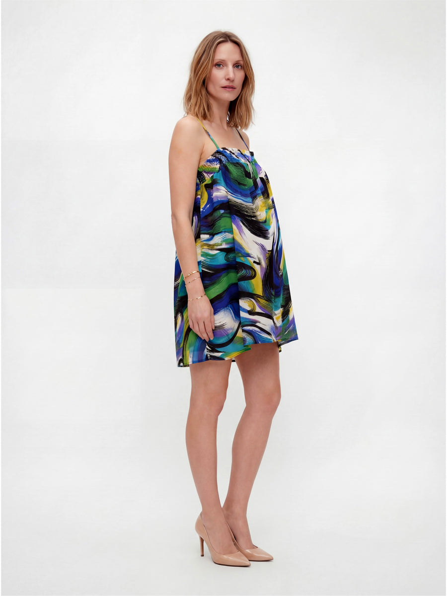 Essential Maternity Abstract Print Spaghetti Strap Smocked A Line Pocket Mini Dress
