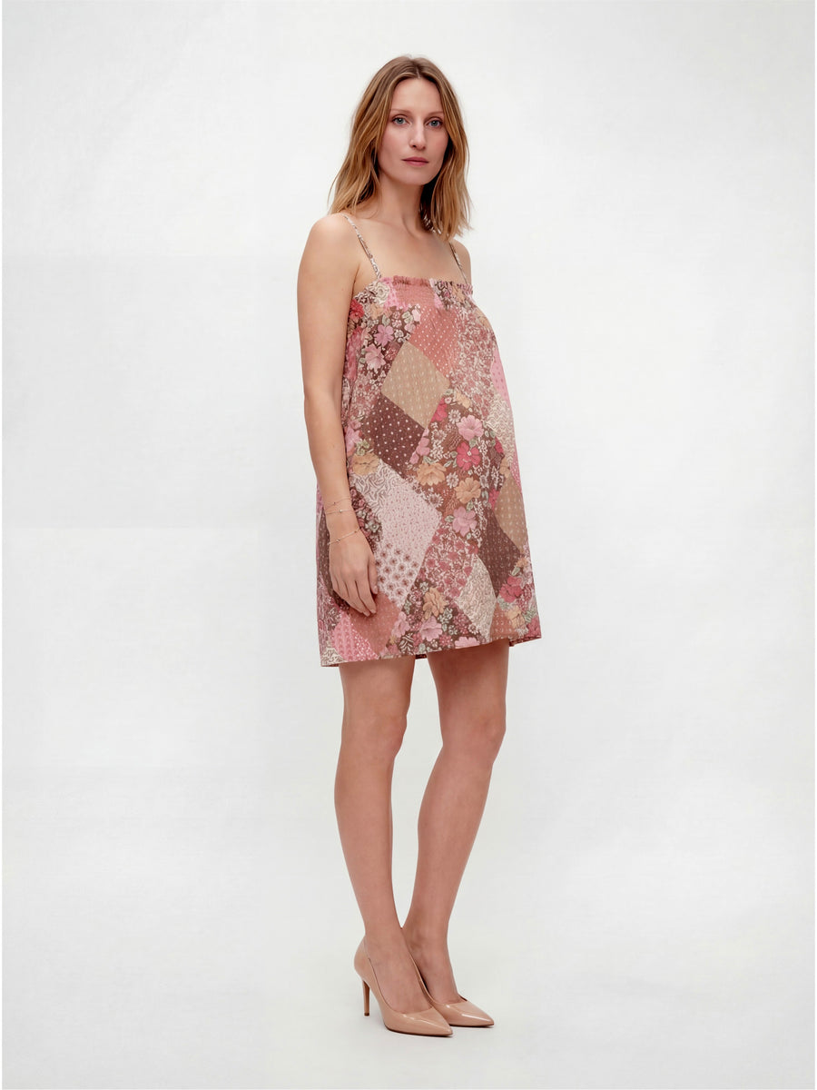 Essential Maternity Patchwork Spaghetti Strap Smocked A Line Pocket Mini Dress