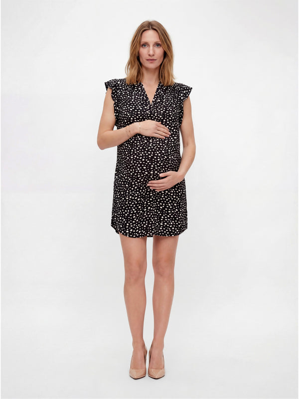 Essential Maternity Dot Print V Neck Round Hem Mini Pocket Shift Dress