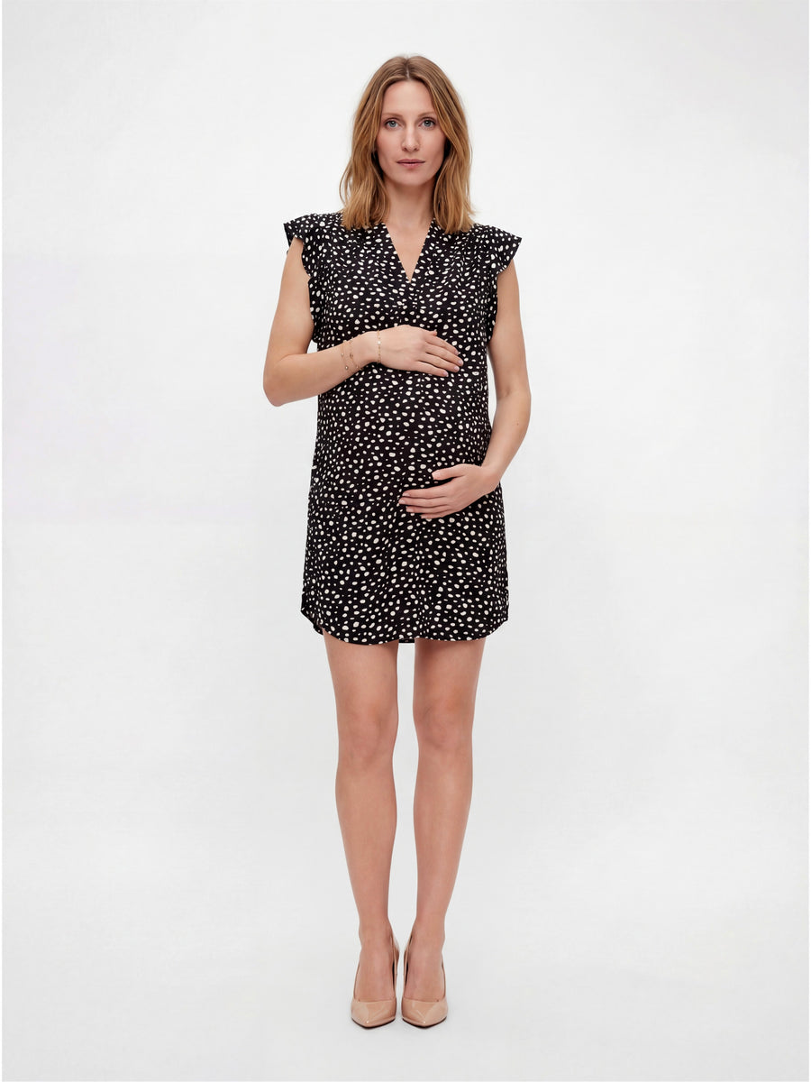 Essential Maternity Dot Print V Neck Round Hem Mini Pocket Shift Dress