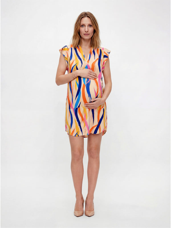 Essential Maternity Abstract Print V Neck Round Hem Mini Pocket Shift Dress