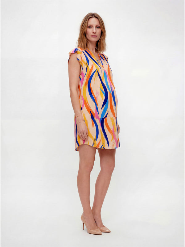 Essential Maternity Abstract Print V Neck Round Hem Mini Pocket Shift Dress