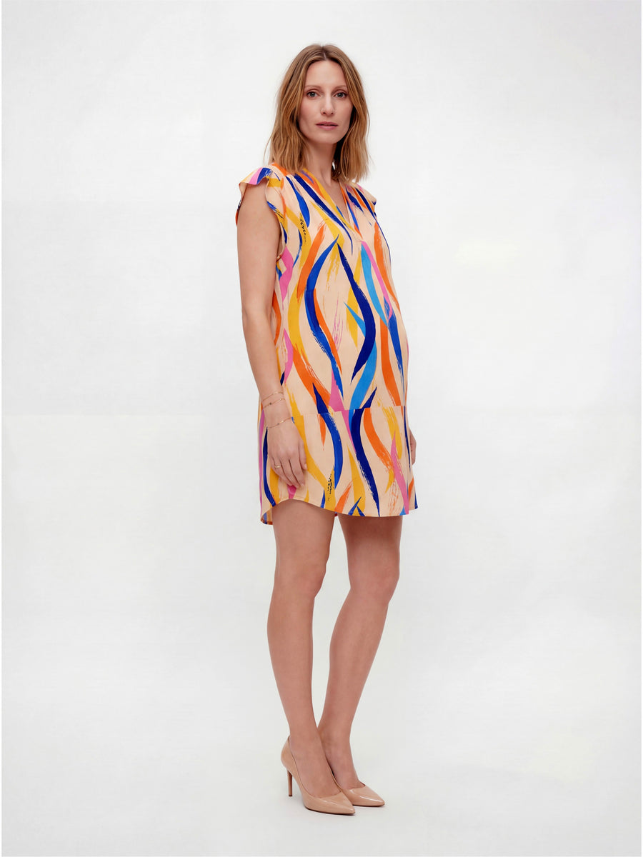 Essential Maternity Abstract Print V Neck Round Hem Mini Pocket Shift Dress