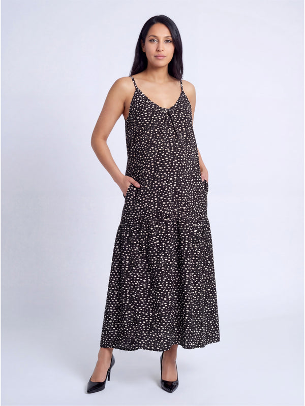 Essential Maternity Dot Print Scoop Neck Spaghetti Strap Pocket A Line Maxi Dress