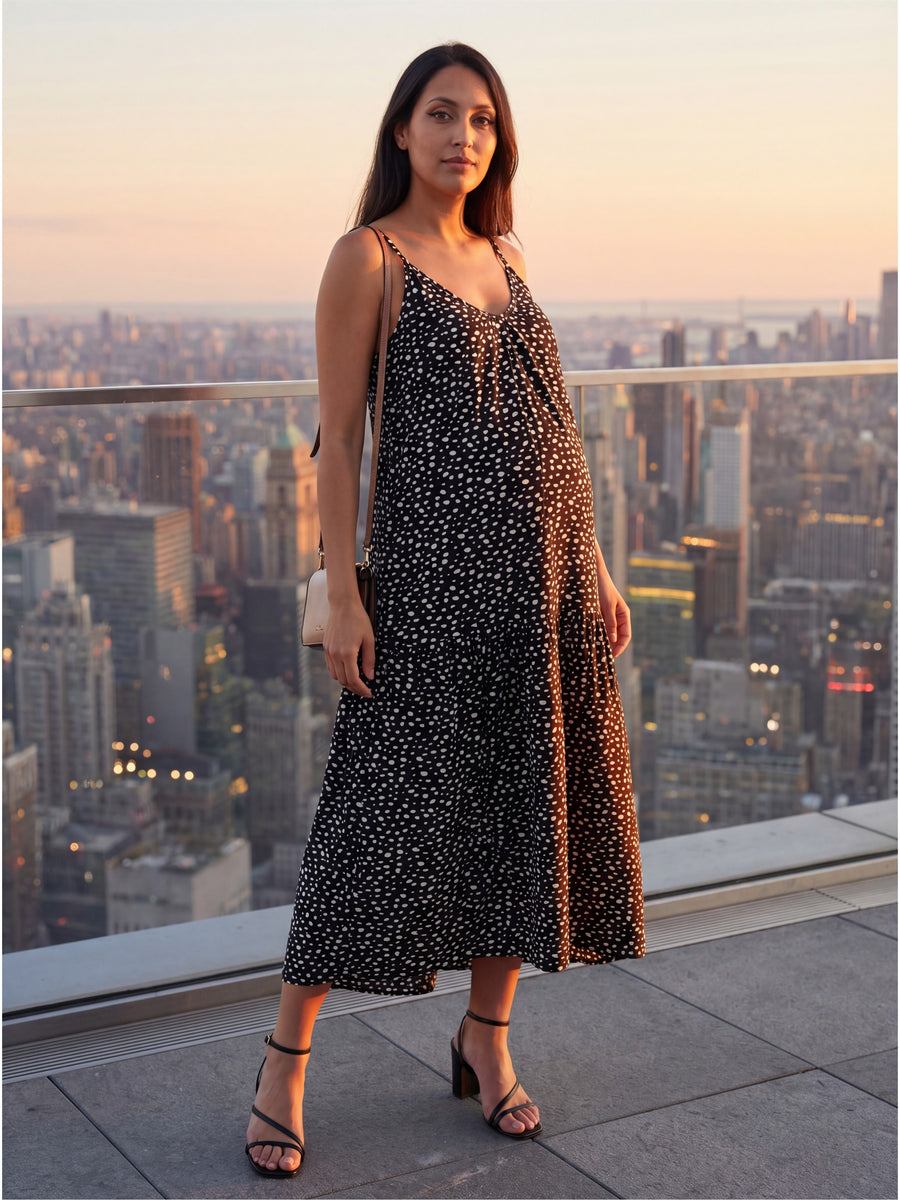 Essential Maternity Dot Print Scoop Neck Spaghetti Strap Pocket A Line Maxi Dress