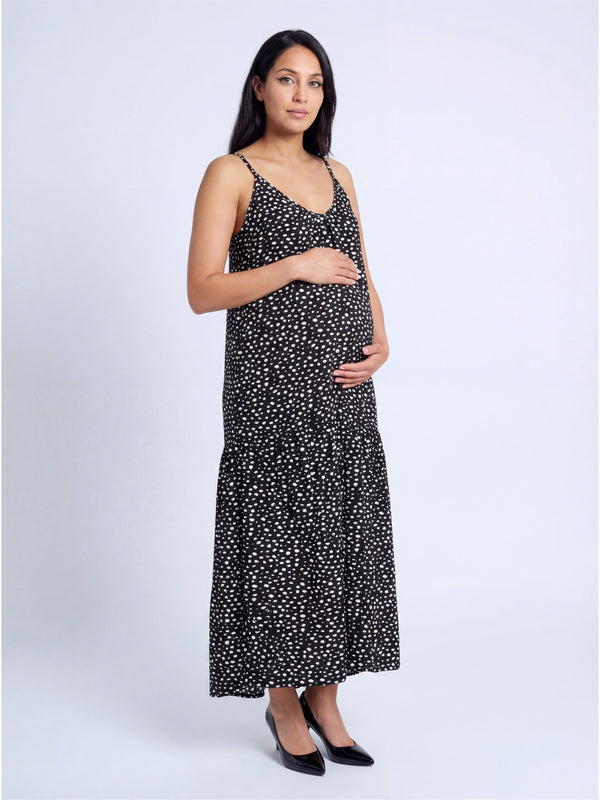 Essential Maternity Dot Print Scoop Neck Spaghetti Strap Pocket A Line Maxi Dress