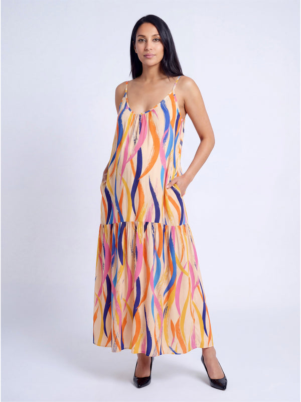 Essential Maternity Abstract Print Scoop Neck Spaghetti Strap Pocket A Line Maxi Dress