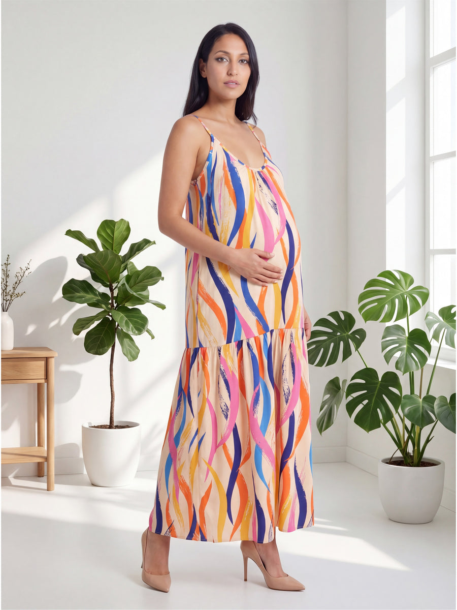 Essential Maternity Abstract Print Scoop Neck Spaghetti Strap Pocket A Line Maxi Dress