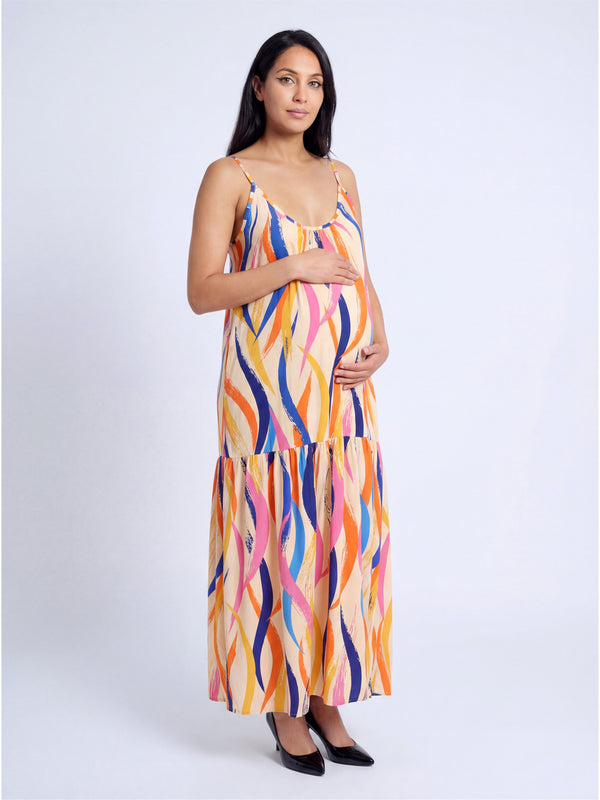 Essential Maternity Abstract Print Scoop Neck Spaghetti Strap Pocket A Line Maxi Dress