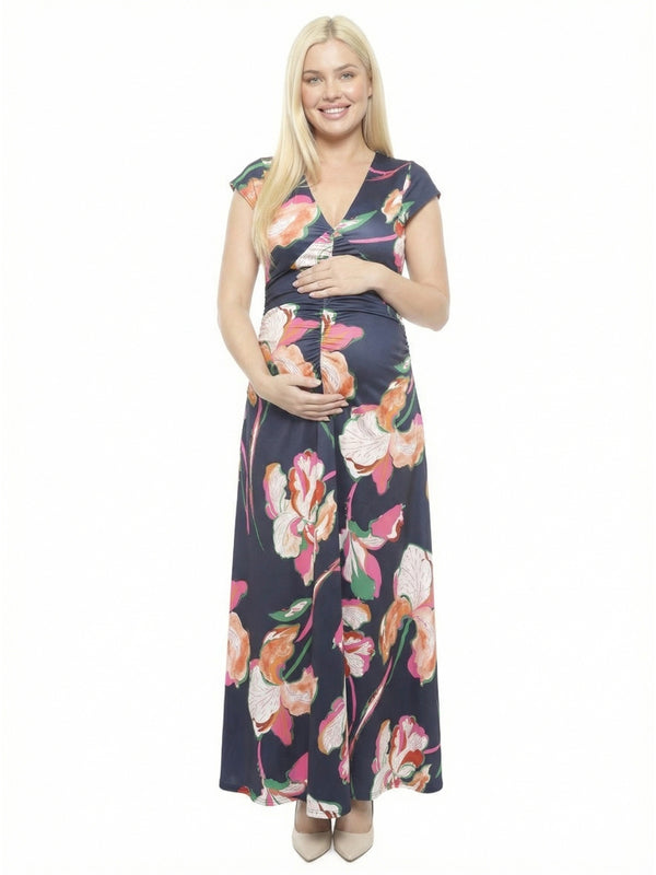 Elevate Maternity Floral V Neck Cap Sleeve Ruched Front Maxi Dress