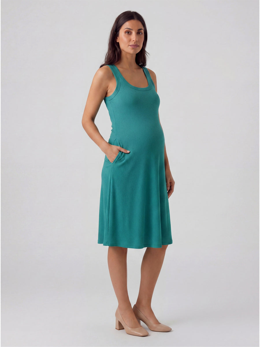 Essential Maternity Ribbed Knit Sleeveless Scoop Neck Pocket A Line Midi Dress