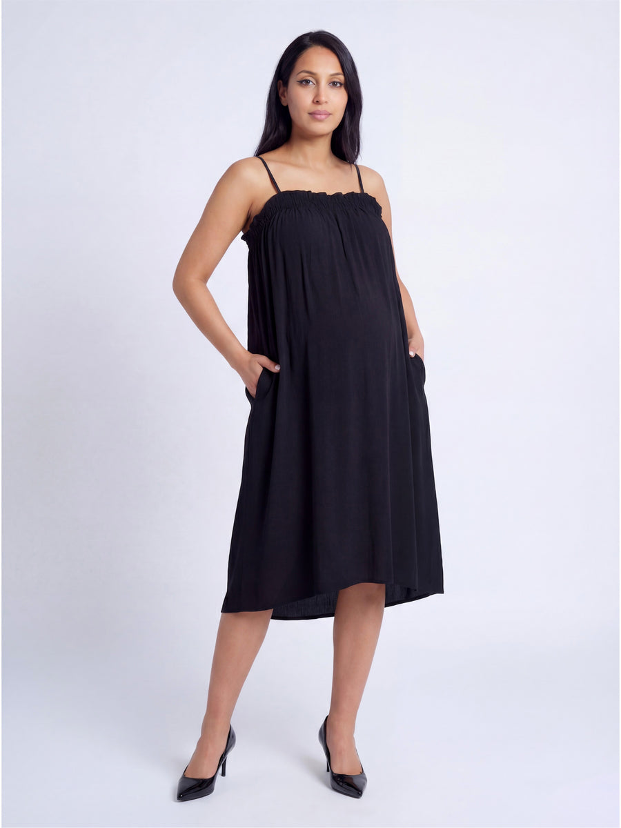 Essential Maternity Spaghetti Strap Smocked Pocket A Line Maxi Dress