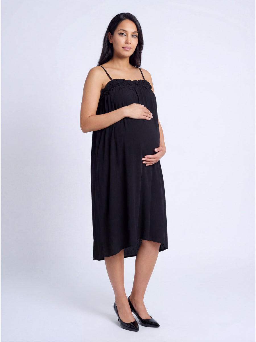 Essential Maternity Spaghetti Strap Smocked Pocket A Line Maxi Dress