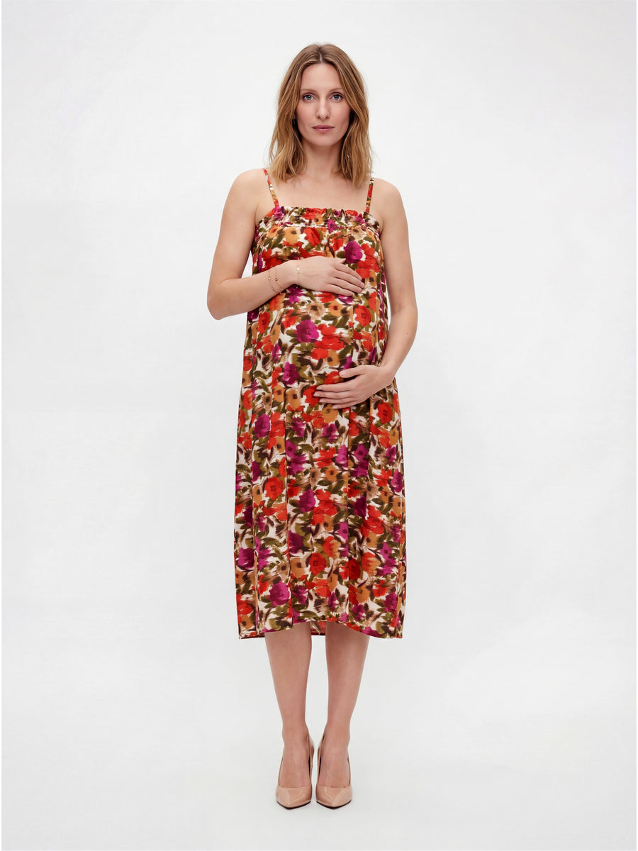Essential Maternity Abstract Print Spaghetti Strap Smocked Pocket A Line Maxi Dress