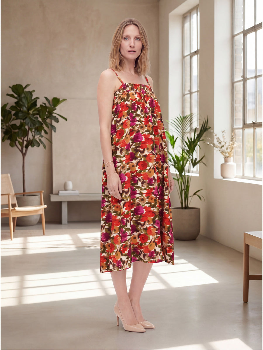 Essential Maternity Abstract Print Spaghetti Strap Smocked Pocket A Line Maxi Dress