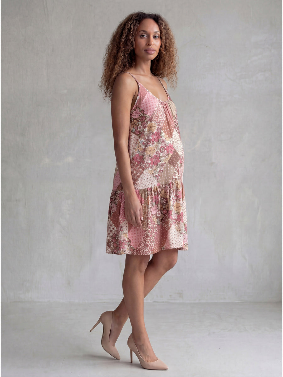 Essential Maternity Patchwork Scoop Neck Spaghetti Strap Pocket A Line Mini Dress