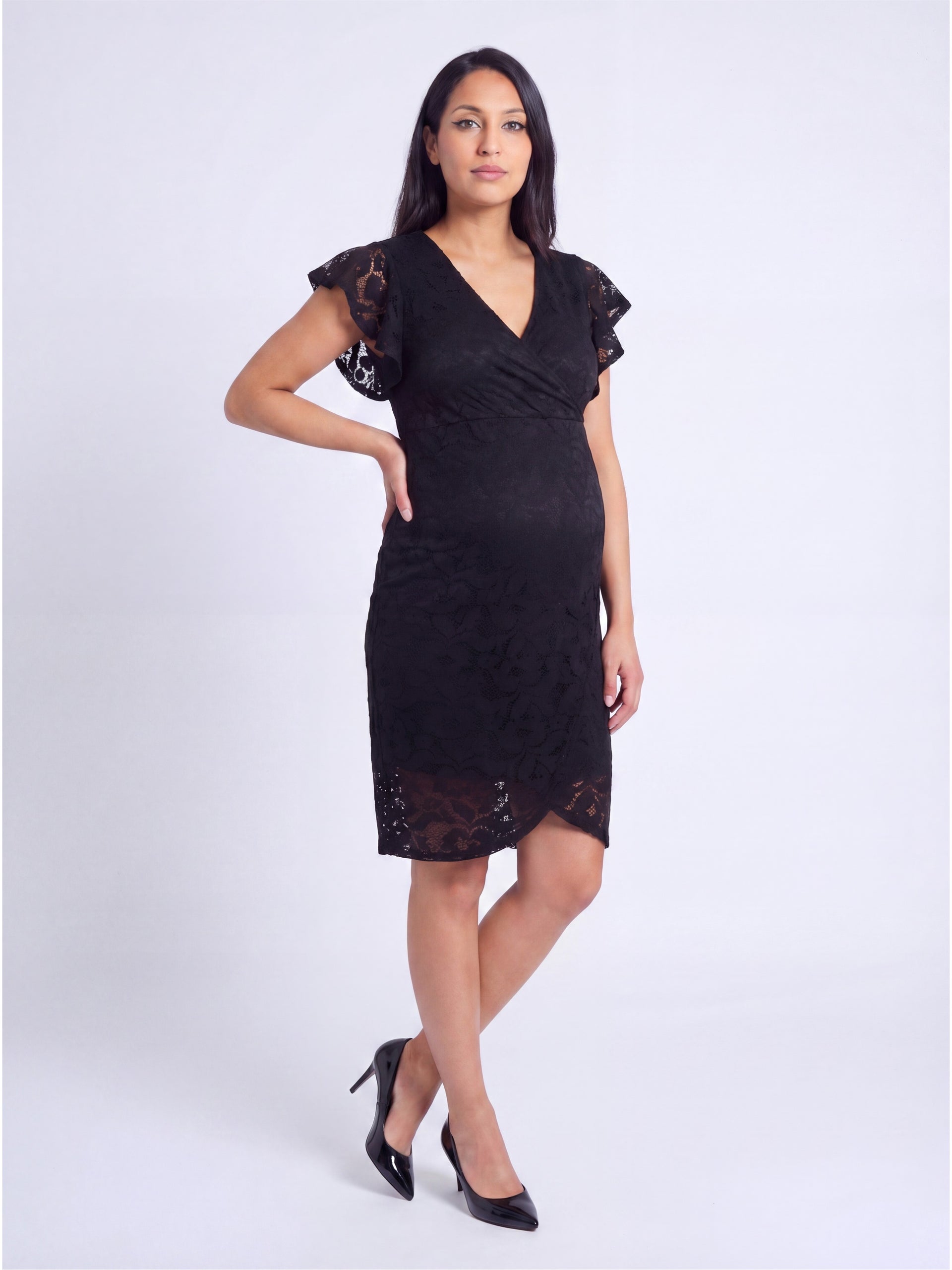 Elevate Maternity Lace V Neck Flutter Sleeve Faux Wrap Midi Dress