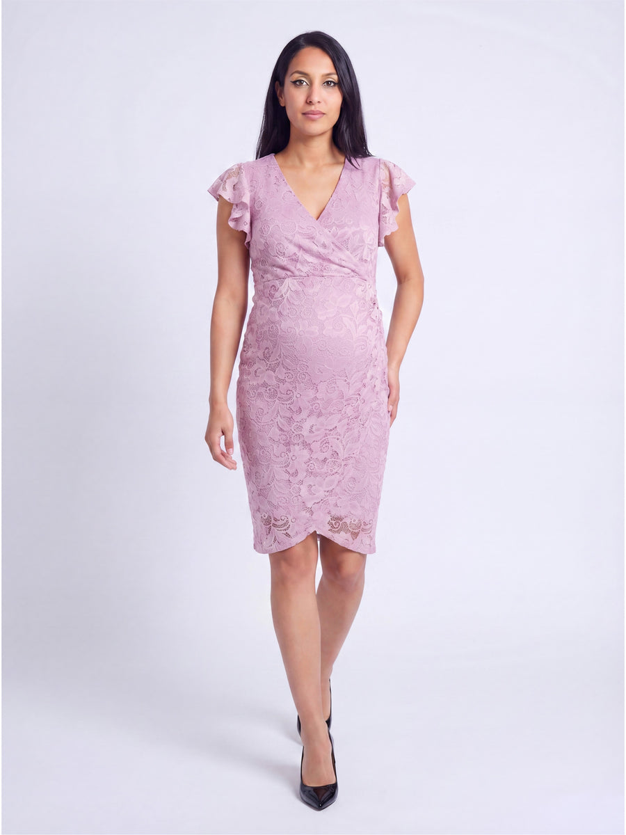 Elevate Maternity Lace V Neck Flutter Sleeve Faux Wrap Midi Dress