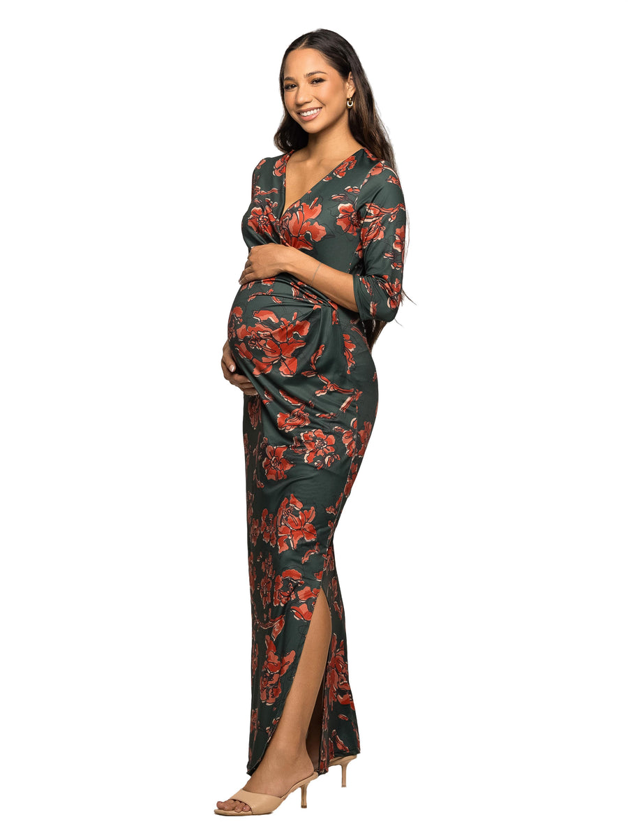 Elevate Maternity Floral Three Quarter Sleeve Side Slit Maxi Dress