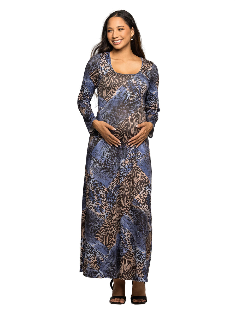 Essential Maternity Animal Long Sleeve Scoop Neck Maxi Dress