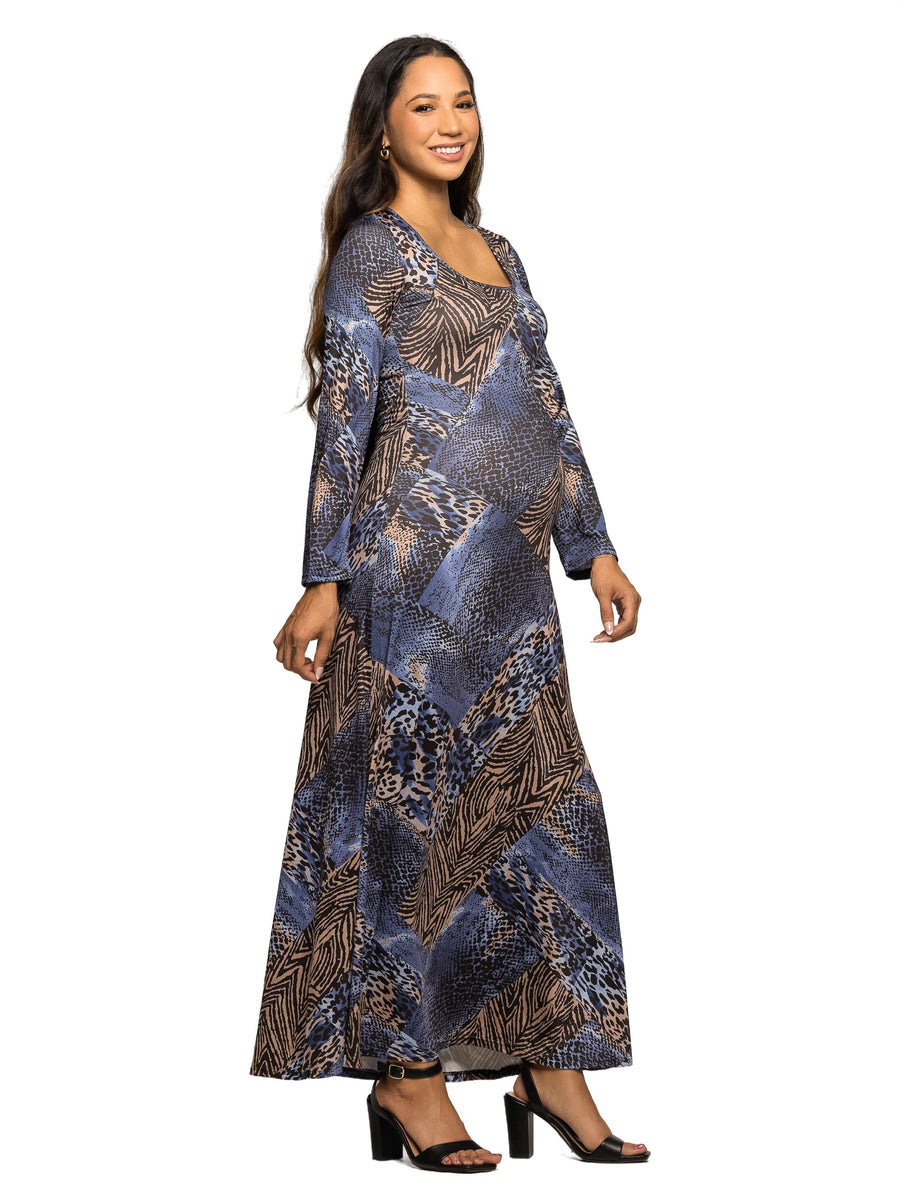 Essential Maternity Animal Long Sleeve Scoop Neck Maxi Dress