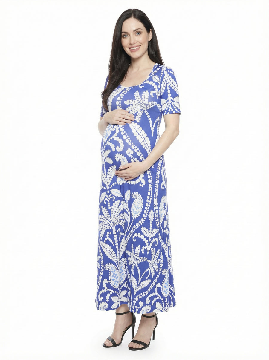 Essential Maternity Paisley Scoop Neck Elbow Sleeve A Line Maxi Dress