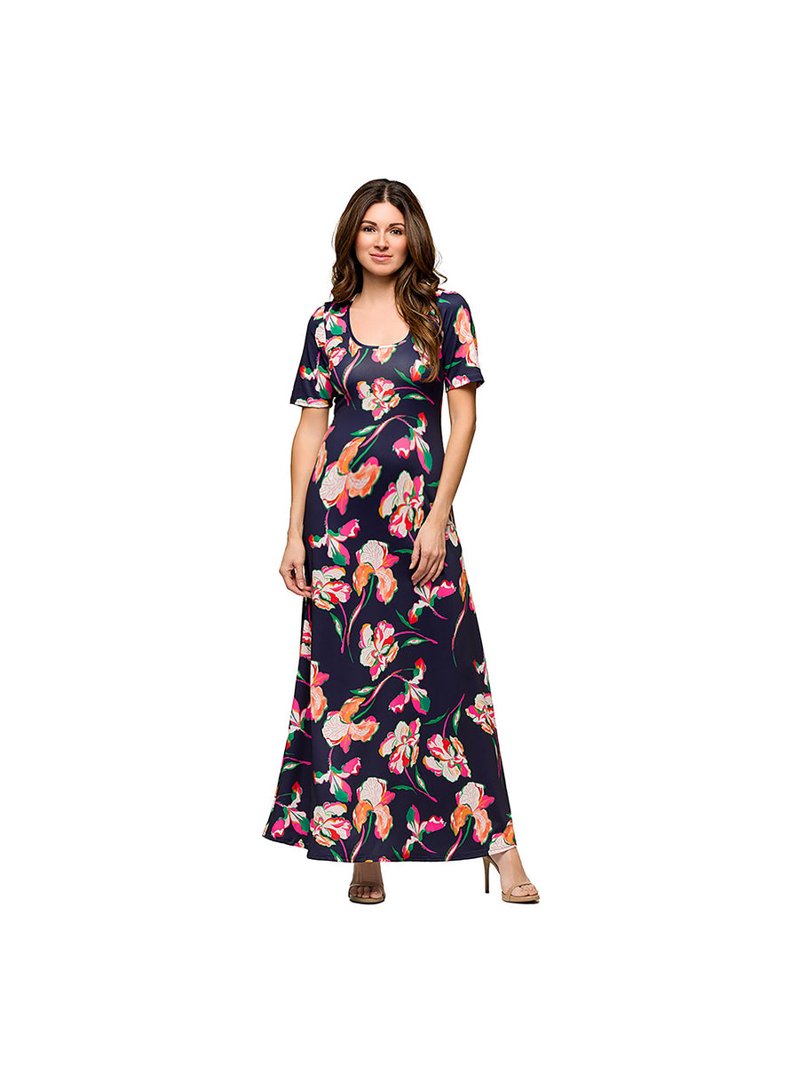 Essential Maternity Floral Scoop Neck Elbow Sleeve A Line Maxi Dress