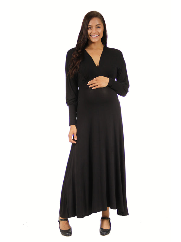 Elevate Maternity V Neck Empire Waist Long Bishop Sleeve Maxi Dress