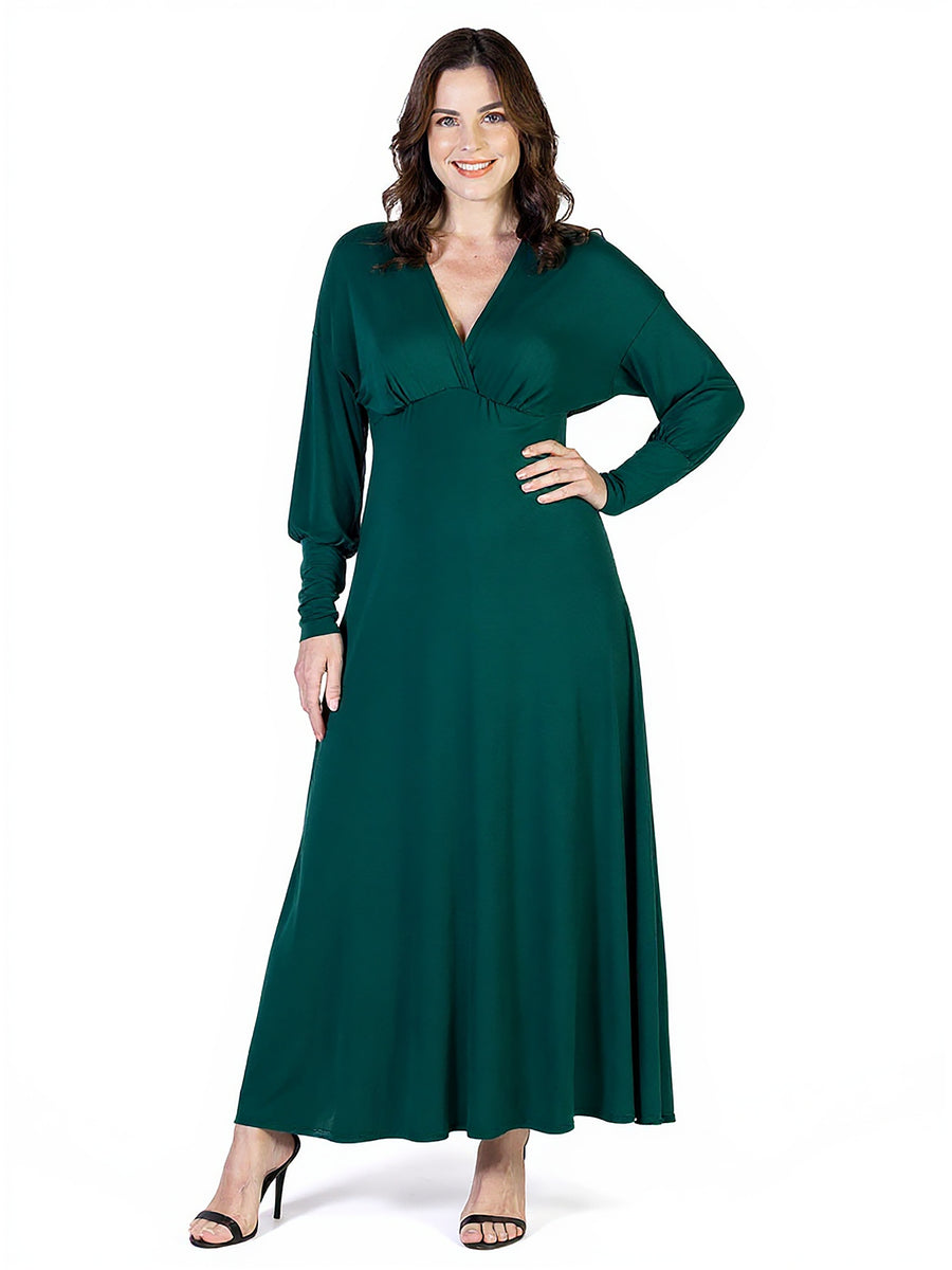 Elevate Maternity V Neck Empire Waist Long Bishop Sleeve Maxi Dress