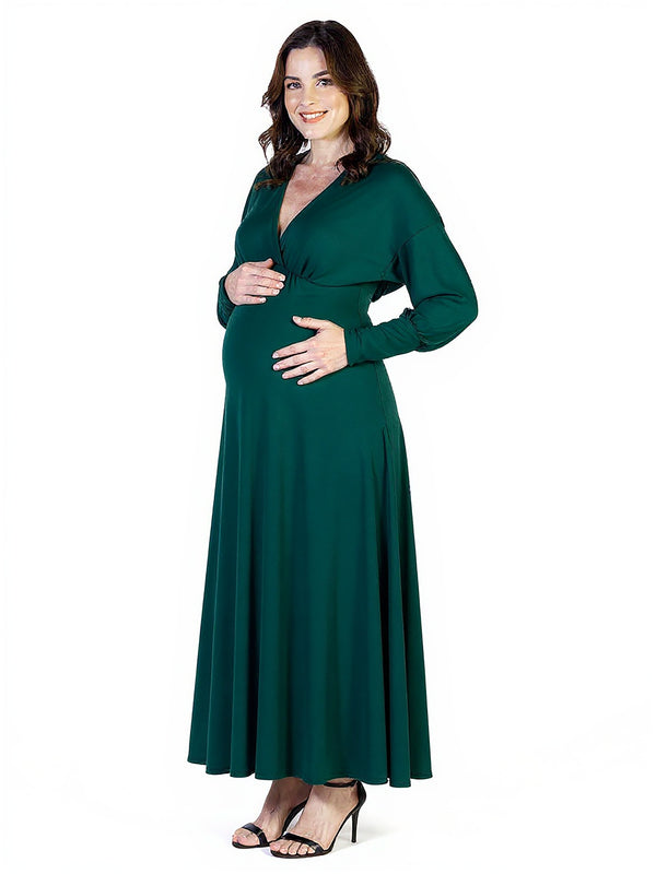 Elevate Maternity V Neck Empire Waist Long Bishop Sleeve Maxi Dress
