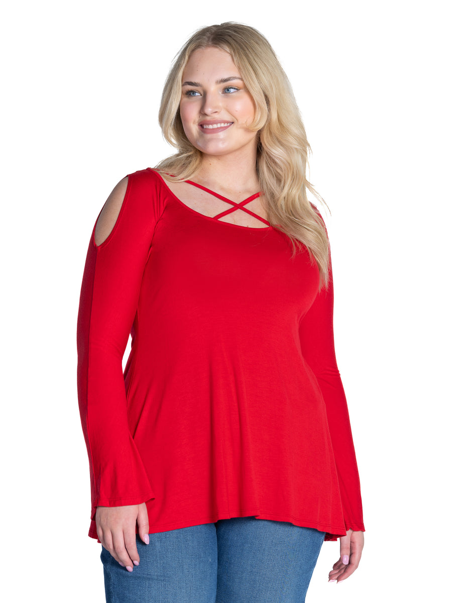 Essential Plus Size Long Sleeve Criss Cross Cold Shoulder Top